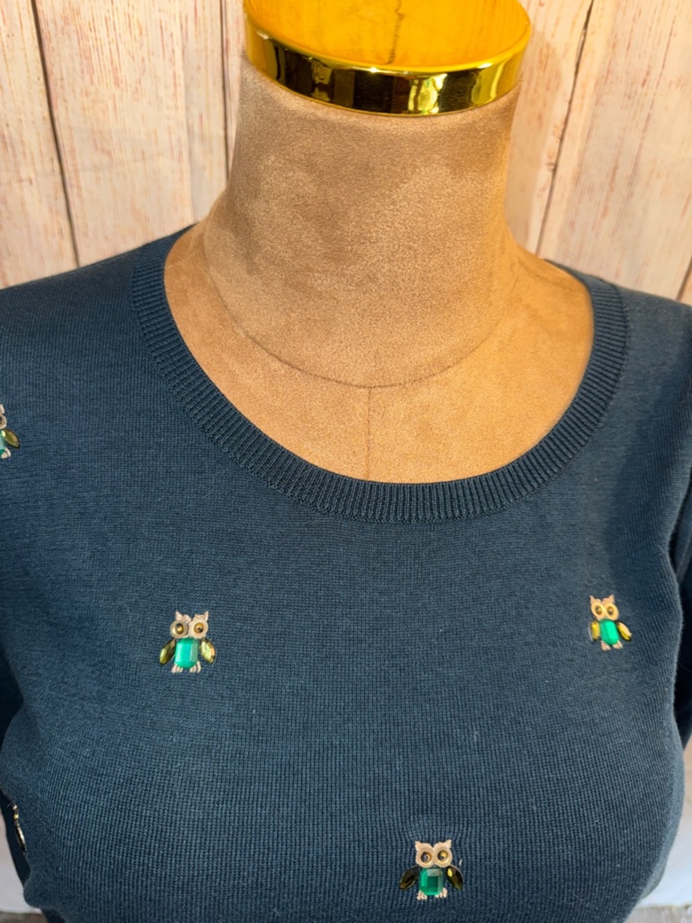 Talbots Blue Crewneck Sweater with rhinestone jewel owls, lightweight sz XL - Picture 4 of 12